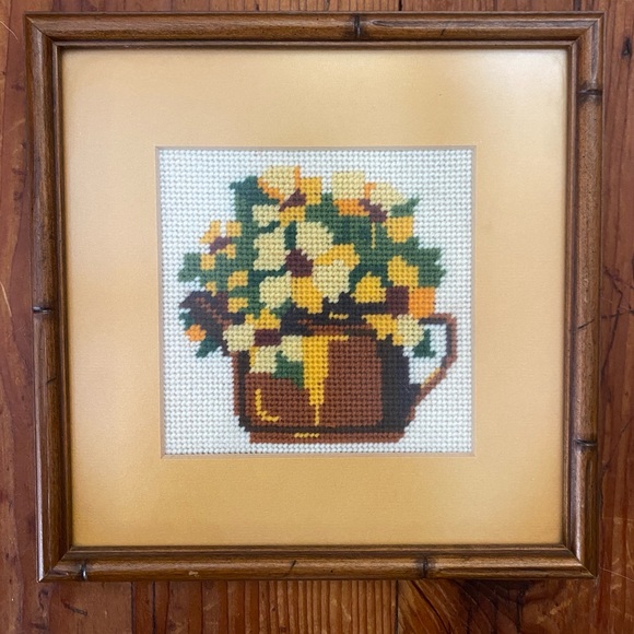 Vintage Finished Needlework Framed Matted w/ Glass Golden Bouquet Flowers 8” - Picture 7 of 7